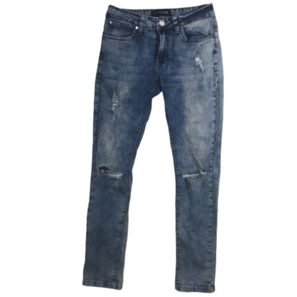 Platform Slim Skinny Stretch Denim Jeans Ripped Med Blue Stressed Size 29/30